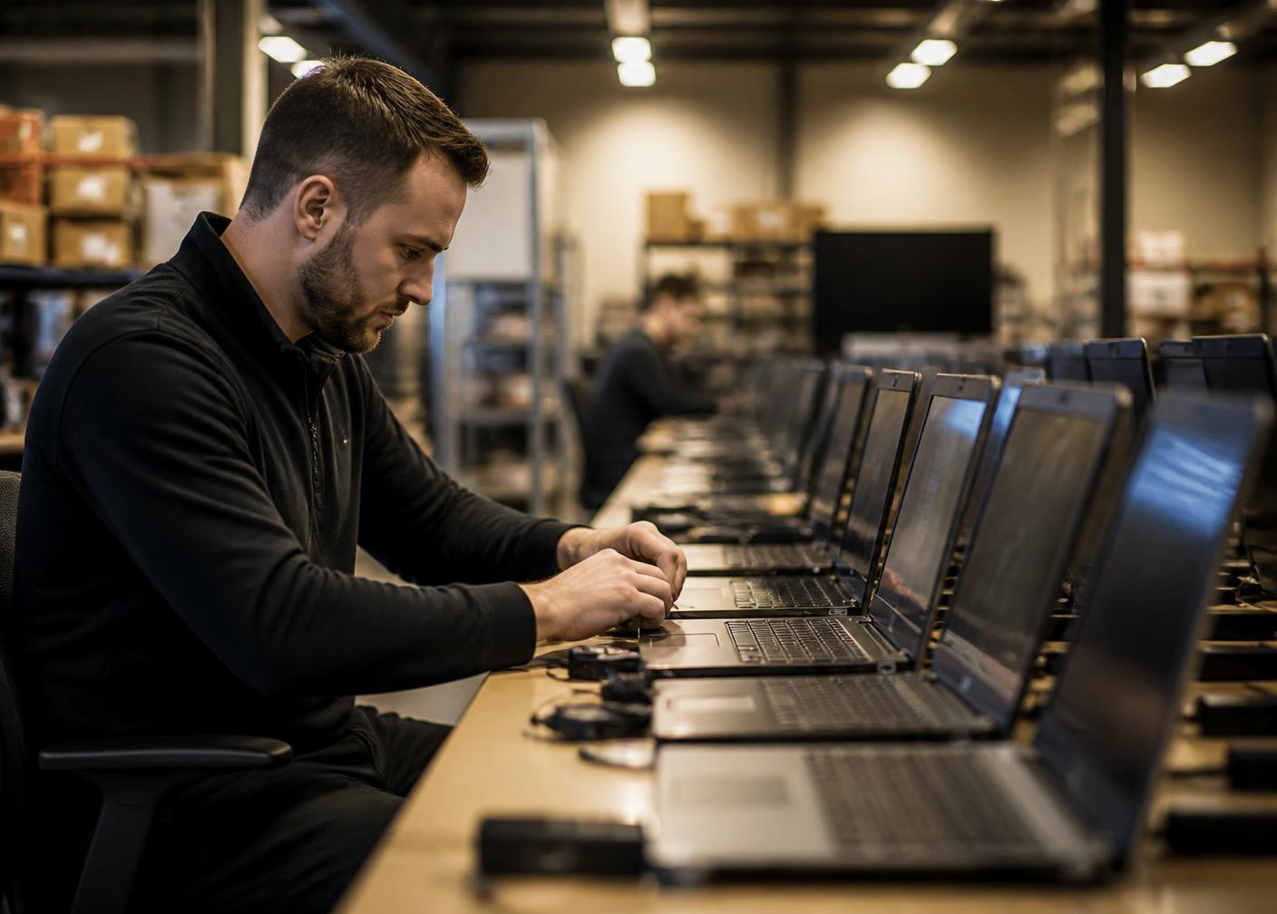 Technicien préparant des ordinateurs portables en atelier